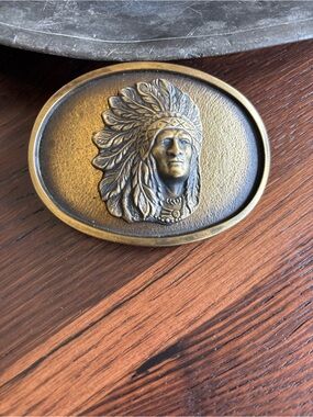 Vintage Solid Brass Belt Buckle, Indian Chief Headdress, Oval, Native American